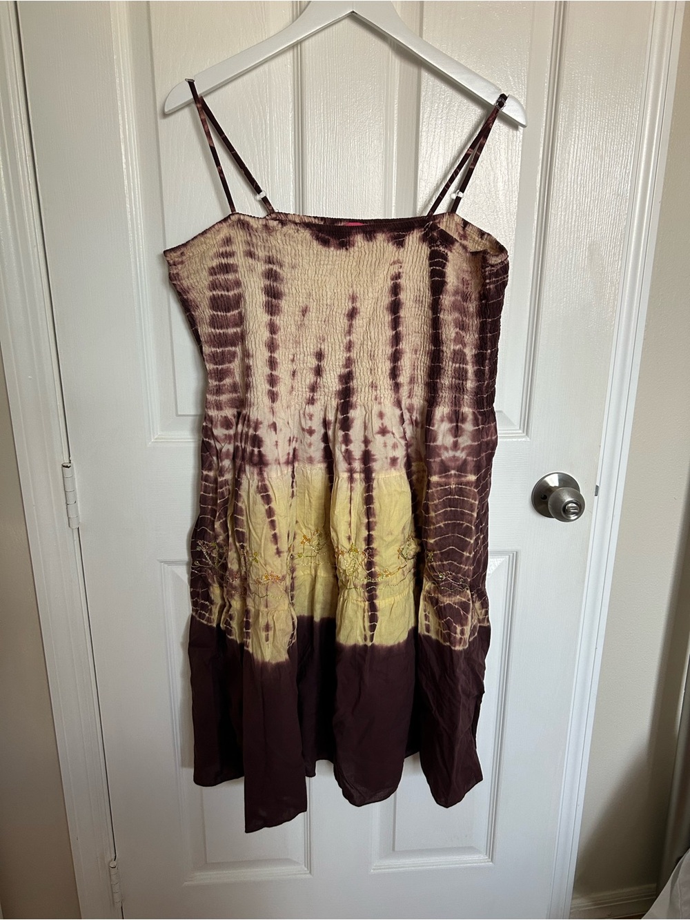 Pink Apple Brown and Yellow Tie-Dye Spaghetti Strap Mini Dress